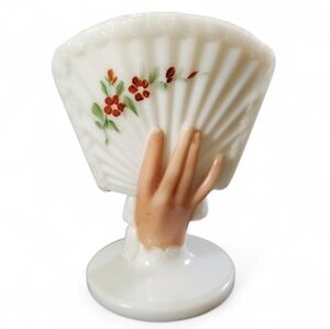 🟢 Vintage Dithridge Milk Glass Hand Fan Toothpick Holder Victorian Vanity Decor